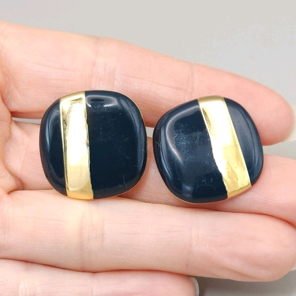 Monet Vintage Black Enamel & Gold Stripe Square  Button Clip On Earrings 7/8 In